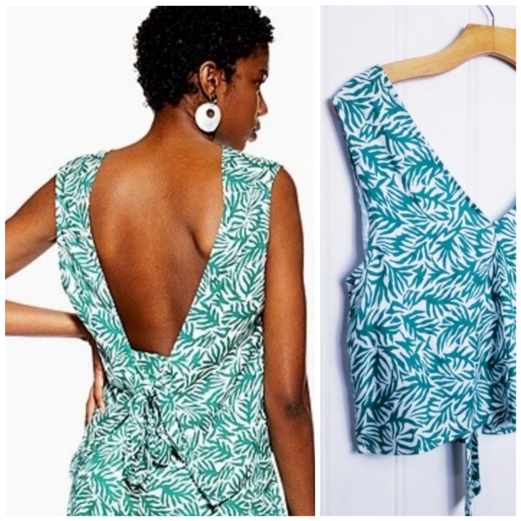 Topshop Top Womens Size 6 Green Botanical Print Open Tie Back Crop Resortwear